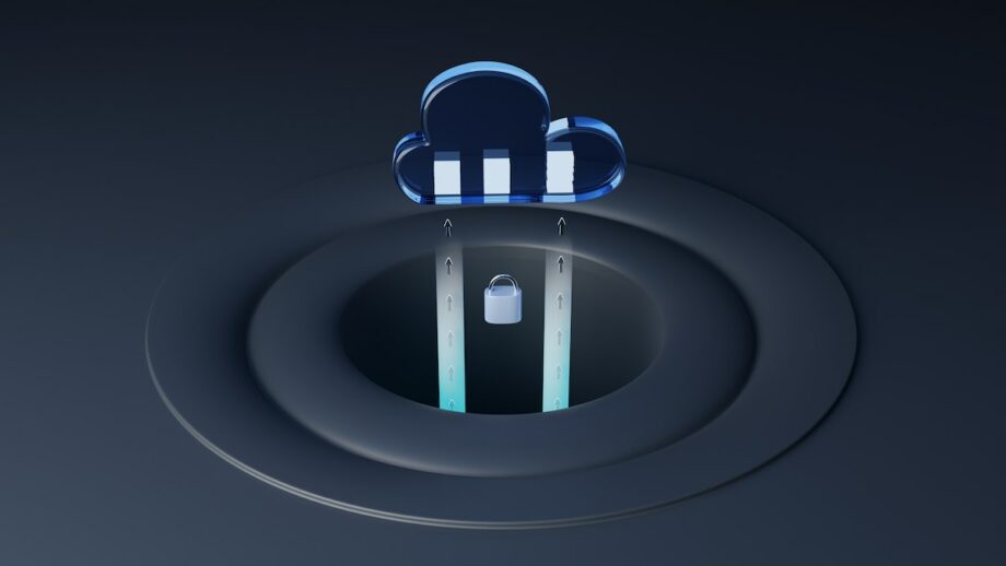 A blue cloud in a hole on a dark background transfetting data.