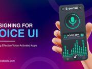 Illustration of a hand holding a smartphone displaying a voice app interface. Text reads, "Designing for Voice UI: Creating Effective Voice-Activated Apps.