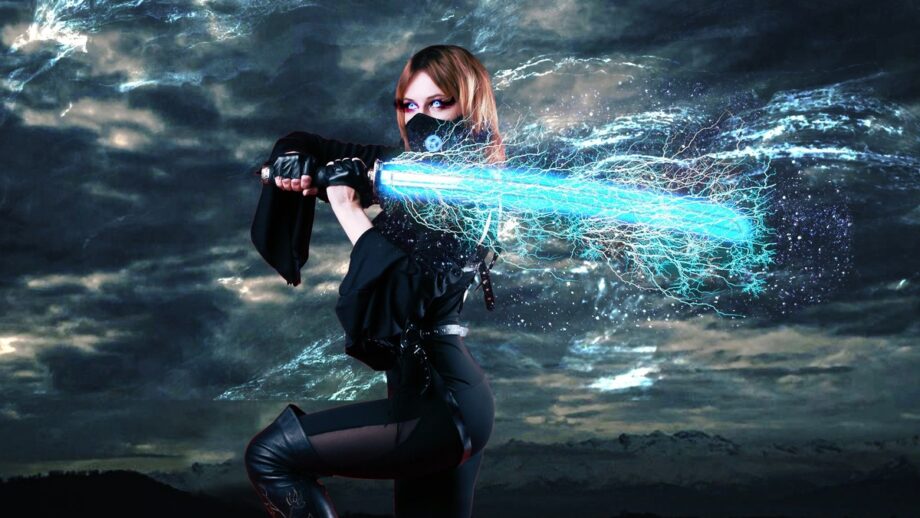 Person in a black outfit holds a glowing blue energy sword against a stormy sky backdrop.