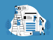 Illustration of three people interacting with a large smartphone, adding and adjusting digital content. One stands on a ladder, another holds a speech bubble, with plants in the background.