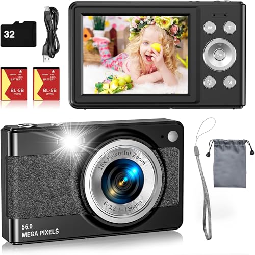 Digital Camera- 56MP FHD 1080P Camera for Kids, Point and Shoot with 16X Zoom Anti Shake, Kid Camera with 32GB TF Card, Two Batteries, Lanyard, Compact Portable Camera for Kids Teens Beginners（Black